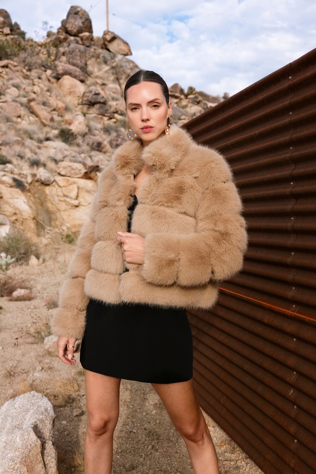 Elevated Evenings Faux Fur Jacket in Tan