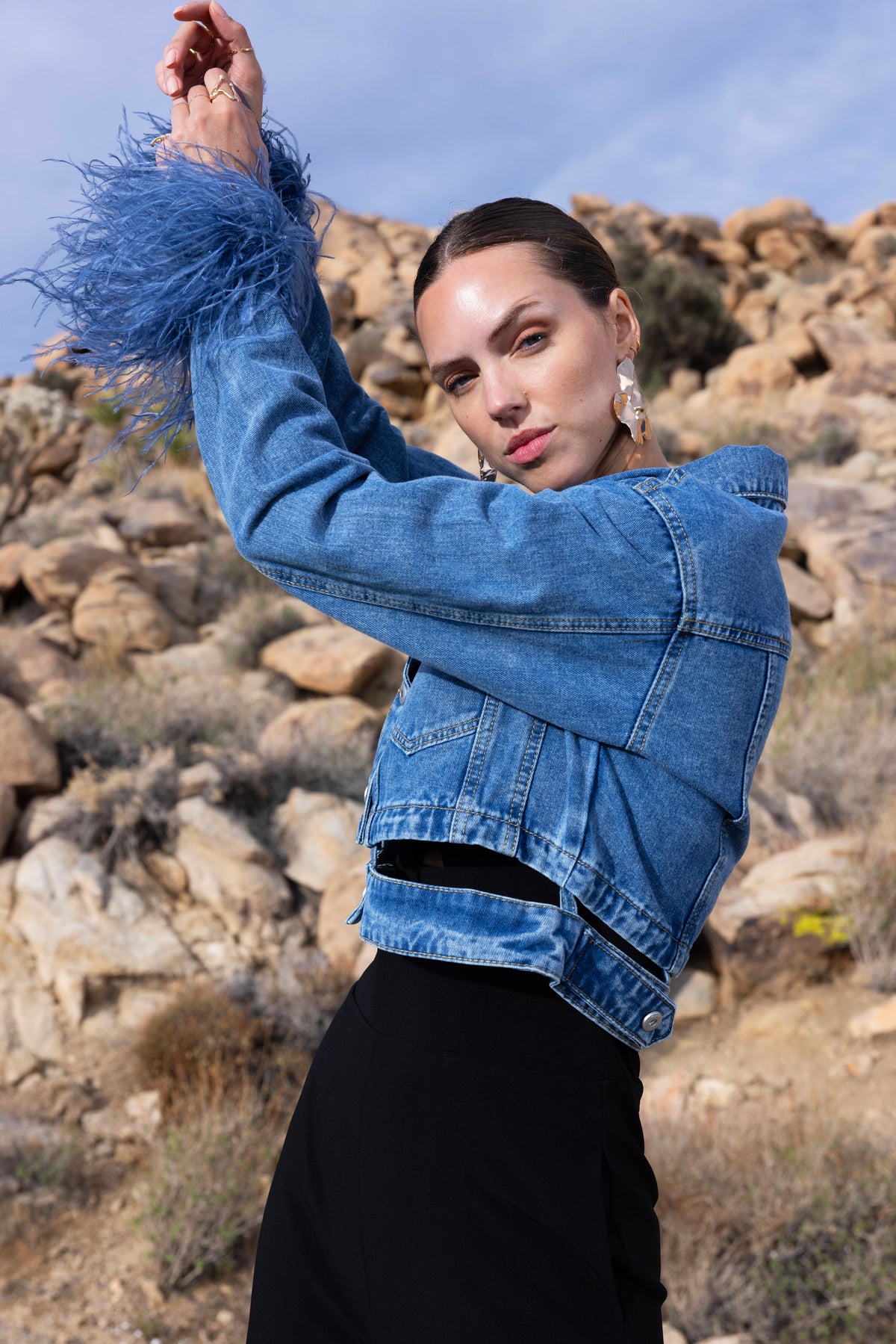 Sahara Skies Denim Cutout Feather Trim Jacket in Blue
