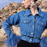 Sahara Skies Denim Cutout Feather Trim Jacket in Blue
