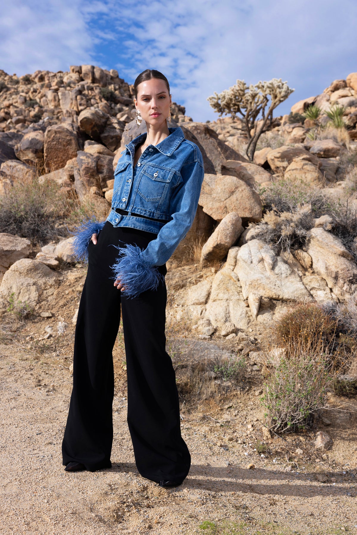 Sahara Skies Denim Cutout Feather Trim Jacket in Blue