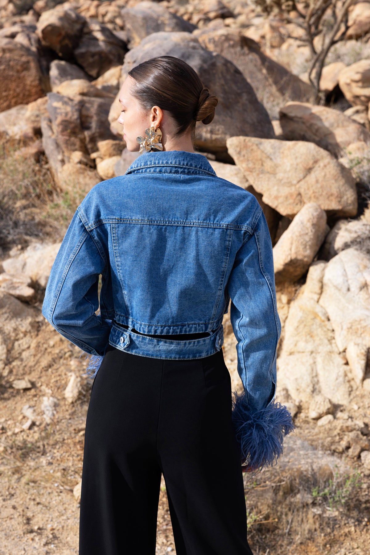 Sahara Skies Denim Cutout Feather Trim Jacket in Blue