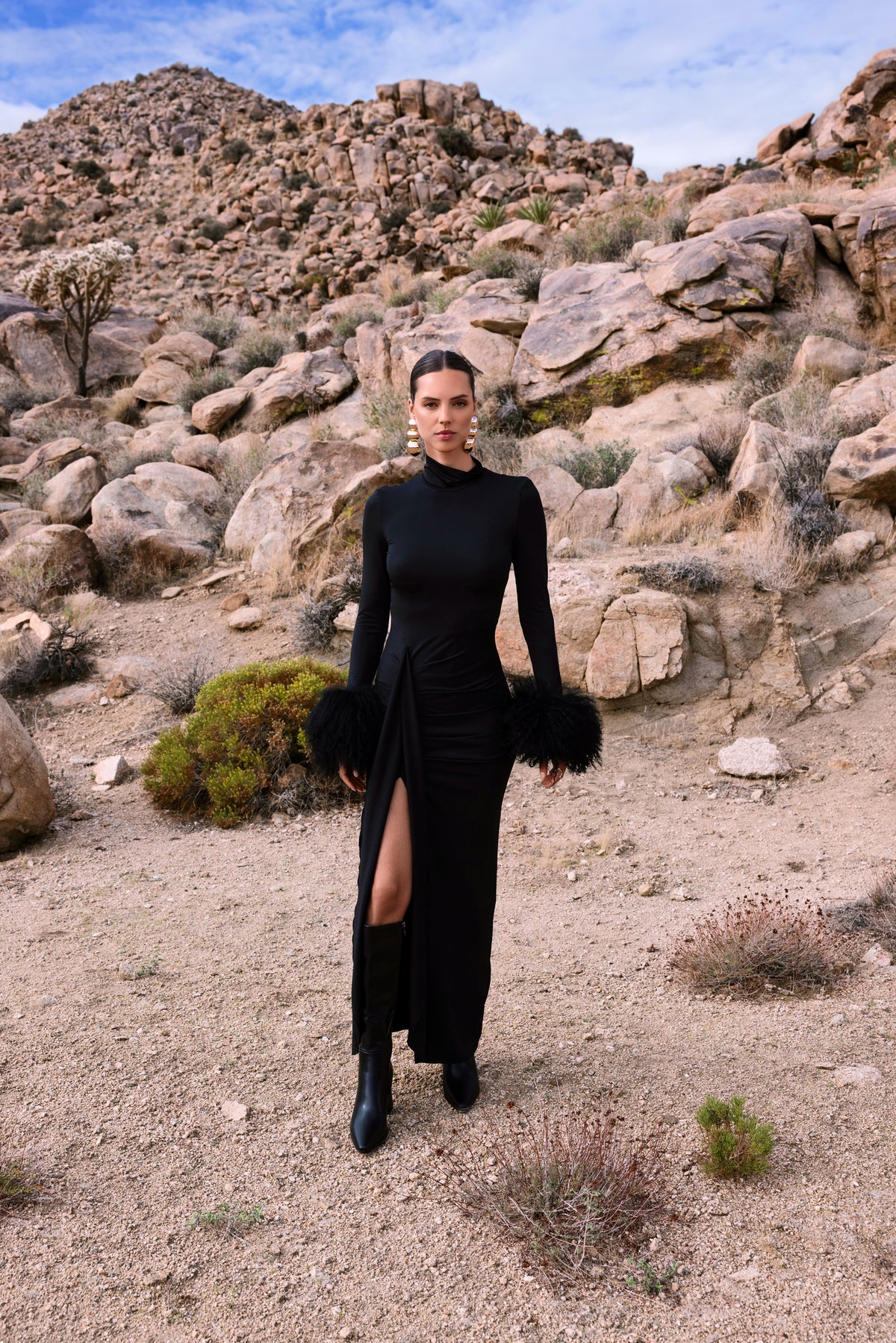 Make an Entrance Mongolian Wool Cuff Midi Dress in Black