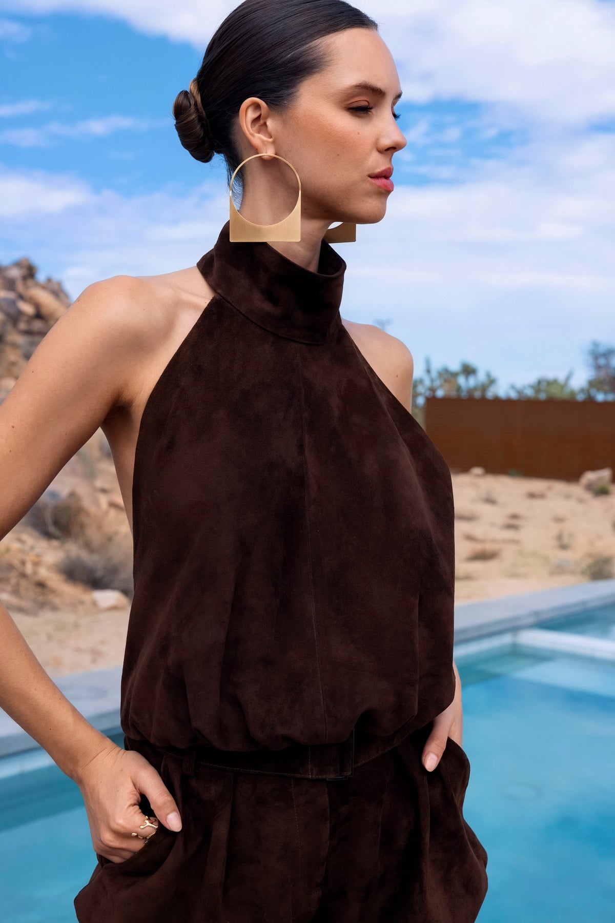 The Bondi Suede Leather Halter Top in Brown