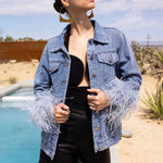 The Henry Oversized Denim Feather Trim Jacket in Blue