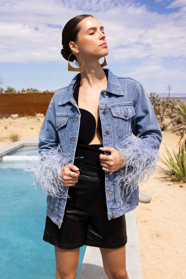 The Henry Oversized Denim Feather Trim Jacket in Blue