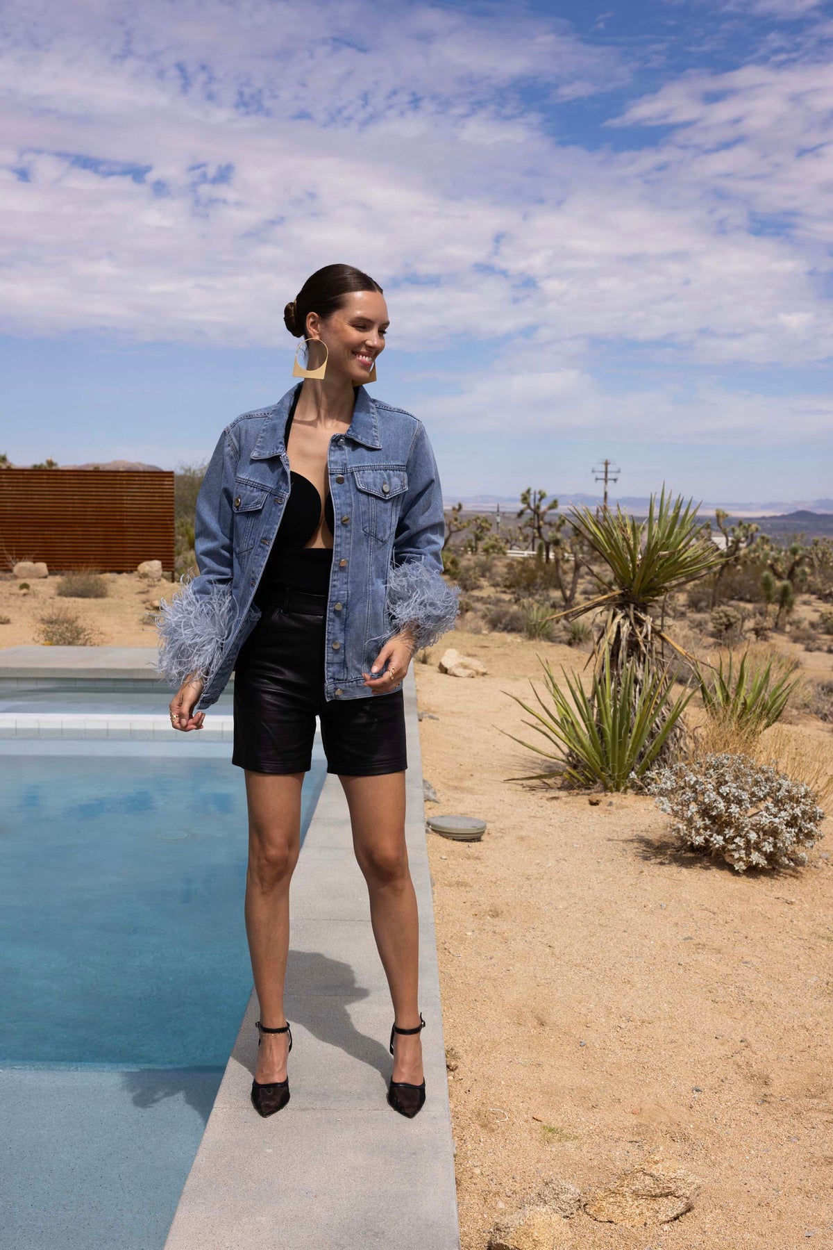 The Henry Oversized Denim Feather Trim Jacket in Blue
