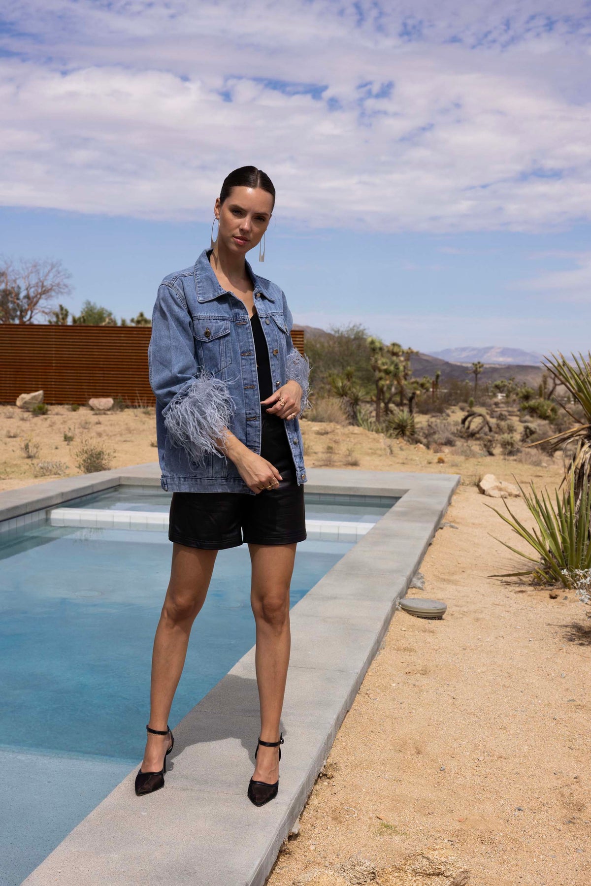 The Henry Oversized Denim Feather Trim Jacket in Blue
