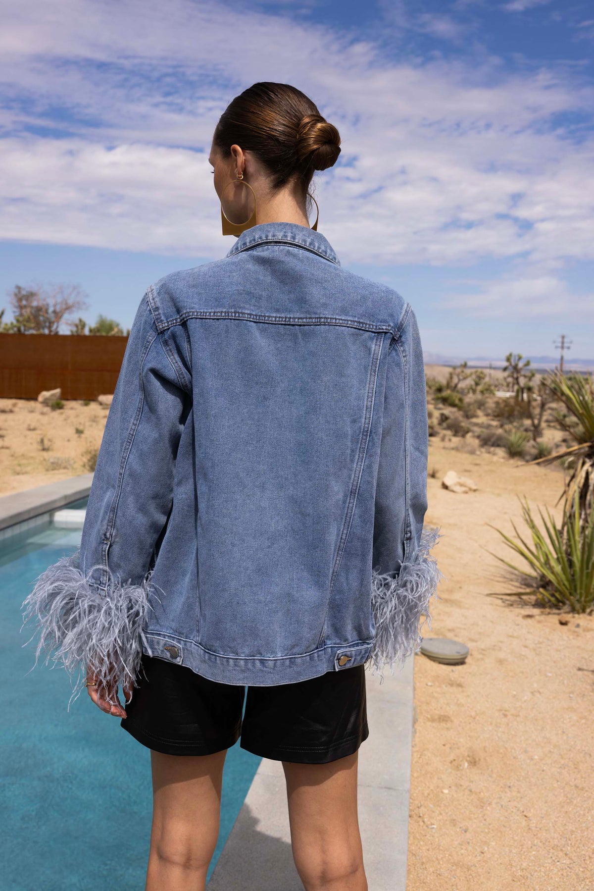 The Henry Oversized Denim Feather Trim Jacket in Blue