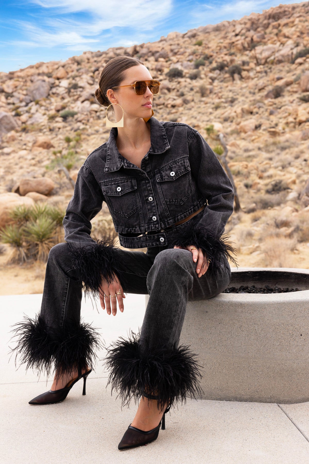 Sahara Skies Denim Cutout Feather Trim Jacket in Black