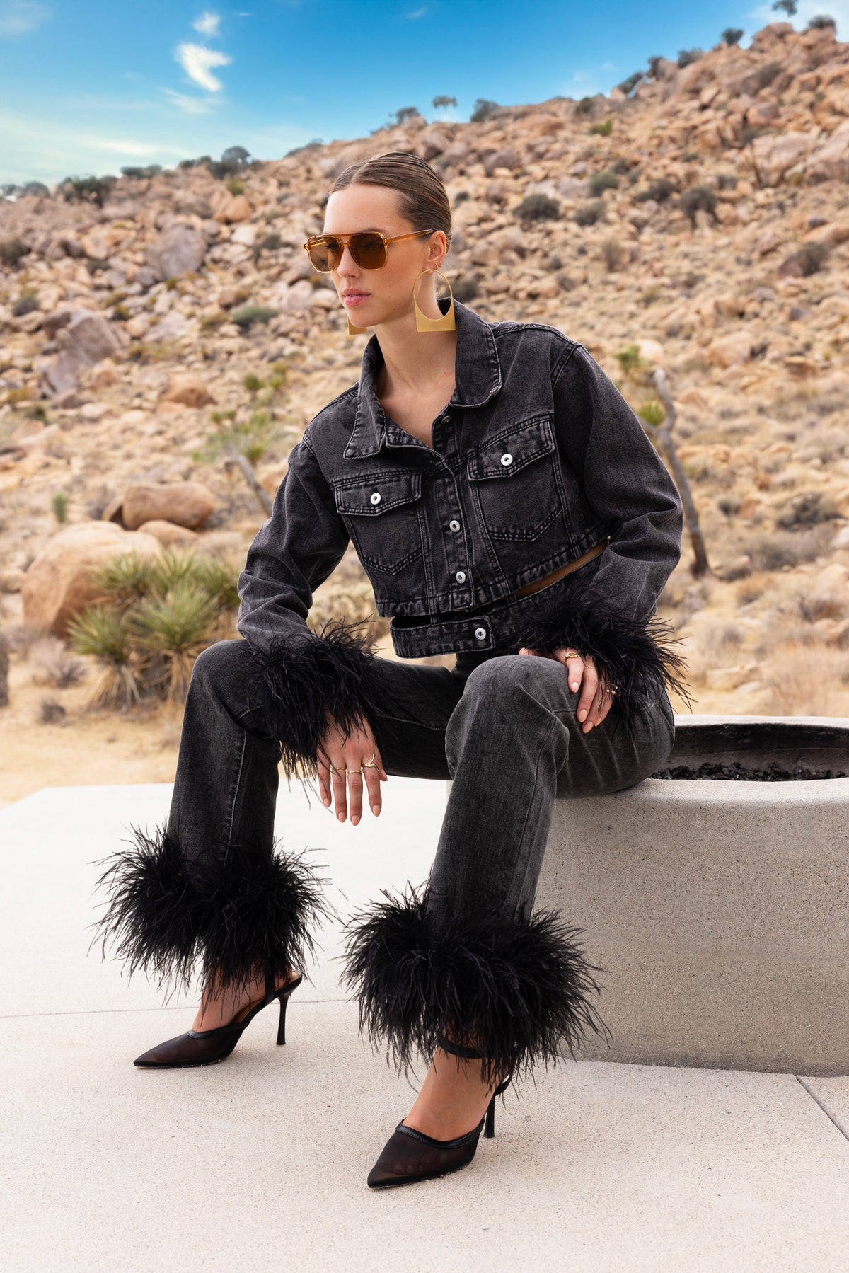 Sahara Skies Denim Feather Trim Jeans in Black