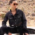 Sahara Skies Denim Cutout Feather Trim Jacket in Black