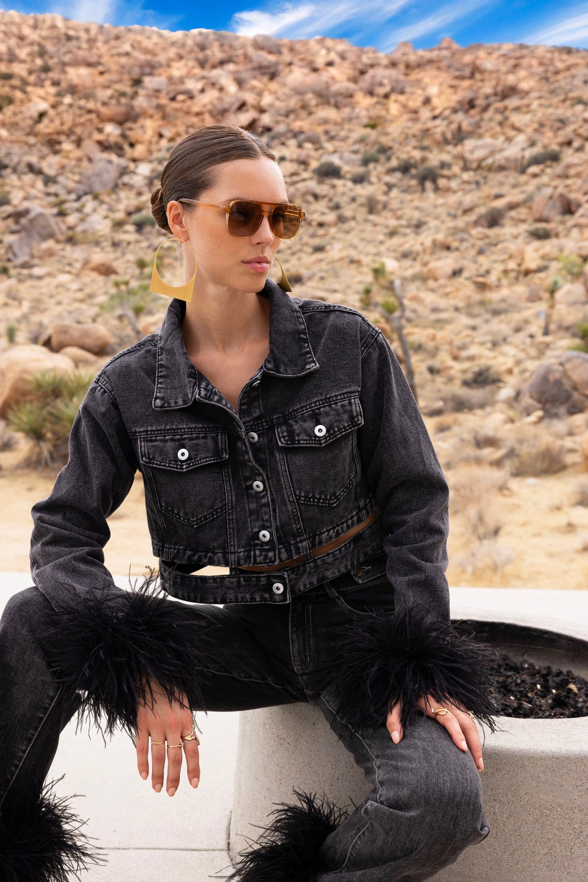 Sahara Skies Denim Cutout Feather Trim Jacket in Black