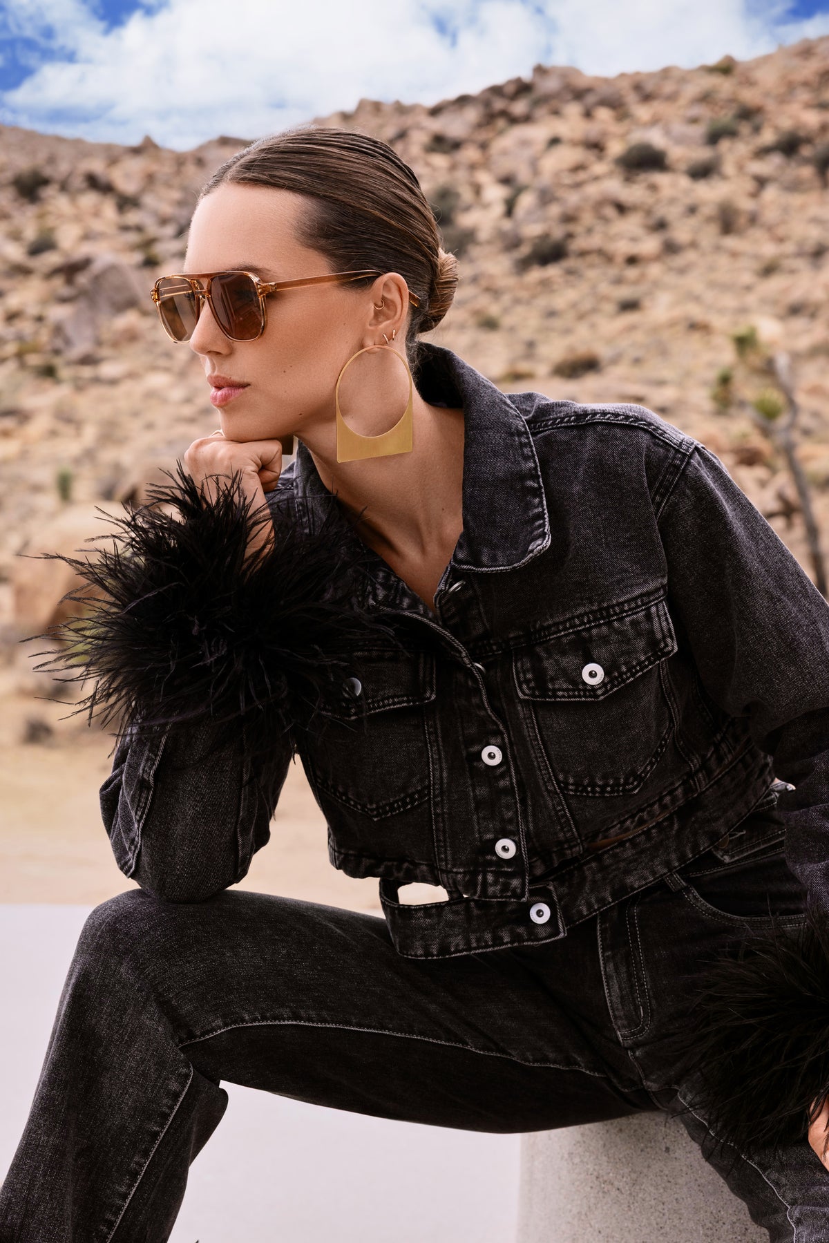 Sahara Skies Denim Cutout Feather Trim Jacket in Black