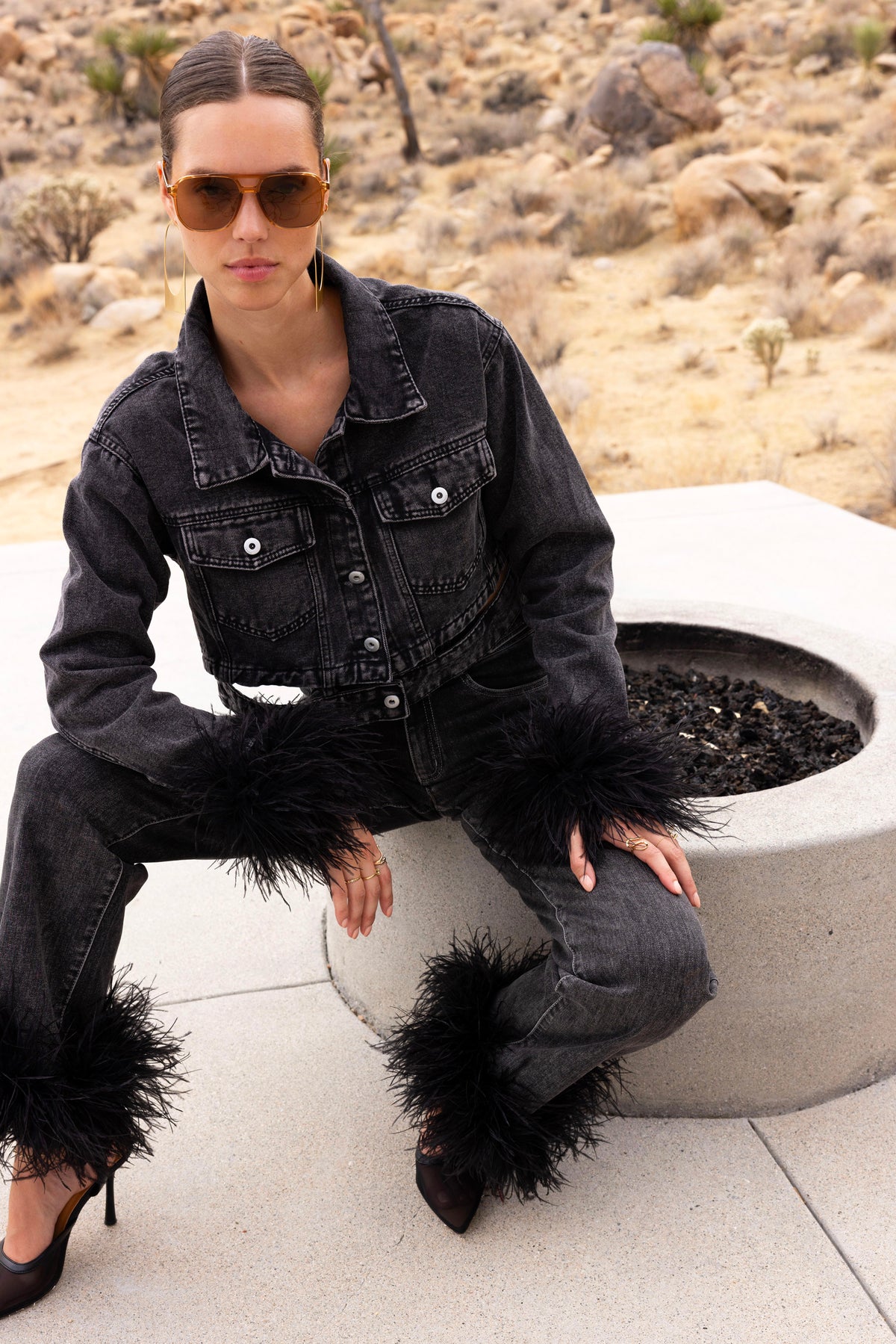 Sahara Skies Denim Cutout Feather Trim Jacket in Black