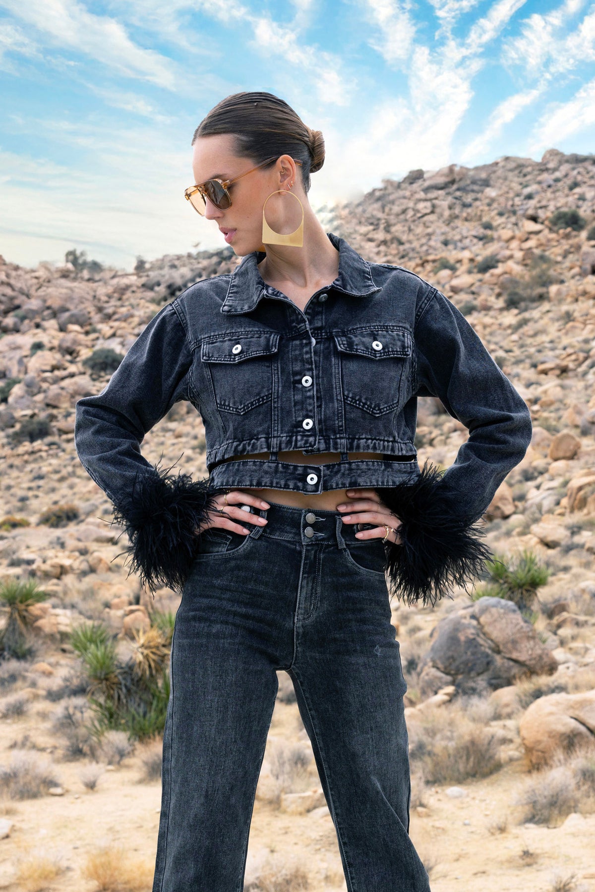 Sahara Skies Denim Cutout Feather Trim Jacket in Black