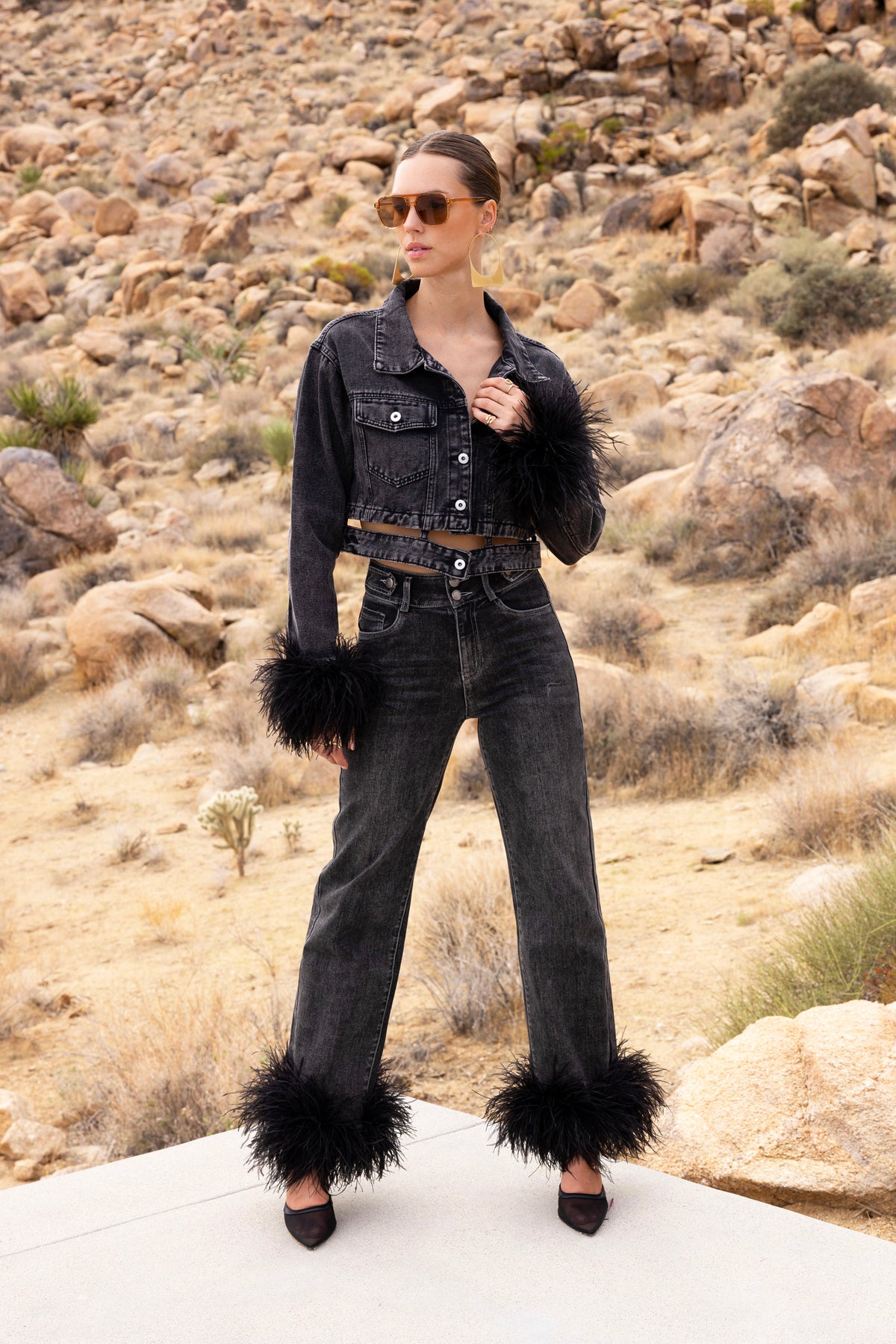 Sahara Skies Denim Cutout Feather Trim Jacket in Black