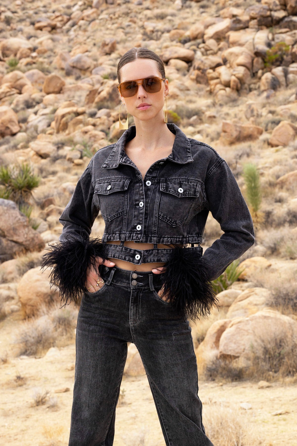 Sahara Skies Denim Cutout Feather Trim Jacket in Black