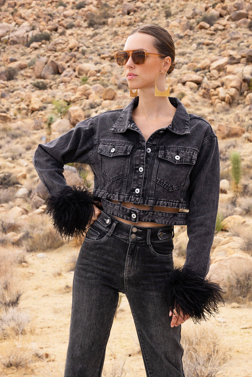 Sahara Skies Denim Cutout Feather Trim Jacket in Black