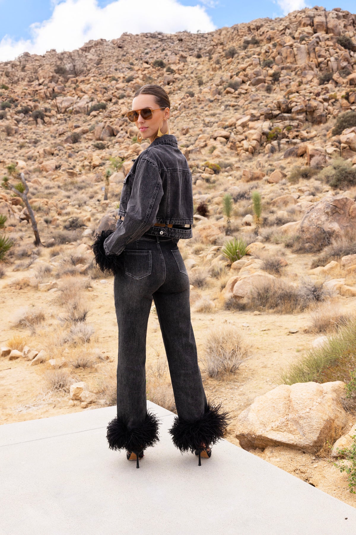 Sahara Skies Denim Feather Trim Jeans in Black