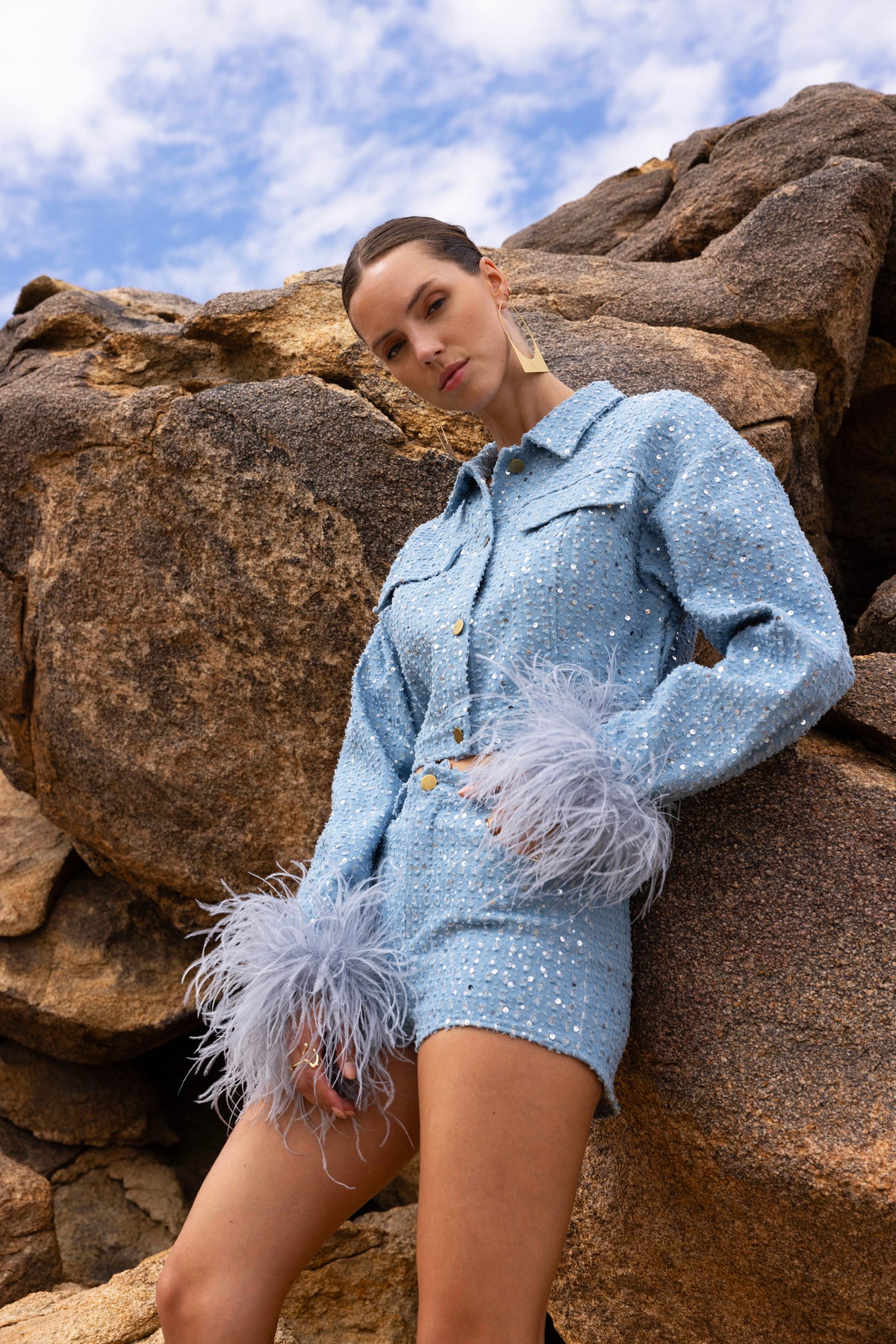The Trusted Tribe Cropped Sequined Denim Feather Trim Jacket in Blue