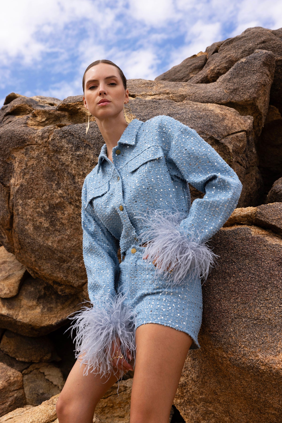The Trusted Tribe Cropped Sequined Denim Feather Trim Jacket in Blue