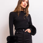 Samara Removable Fur Cuff Wool Sweater in Black