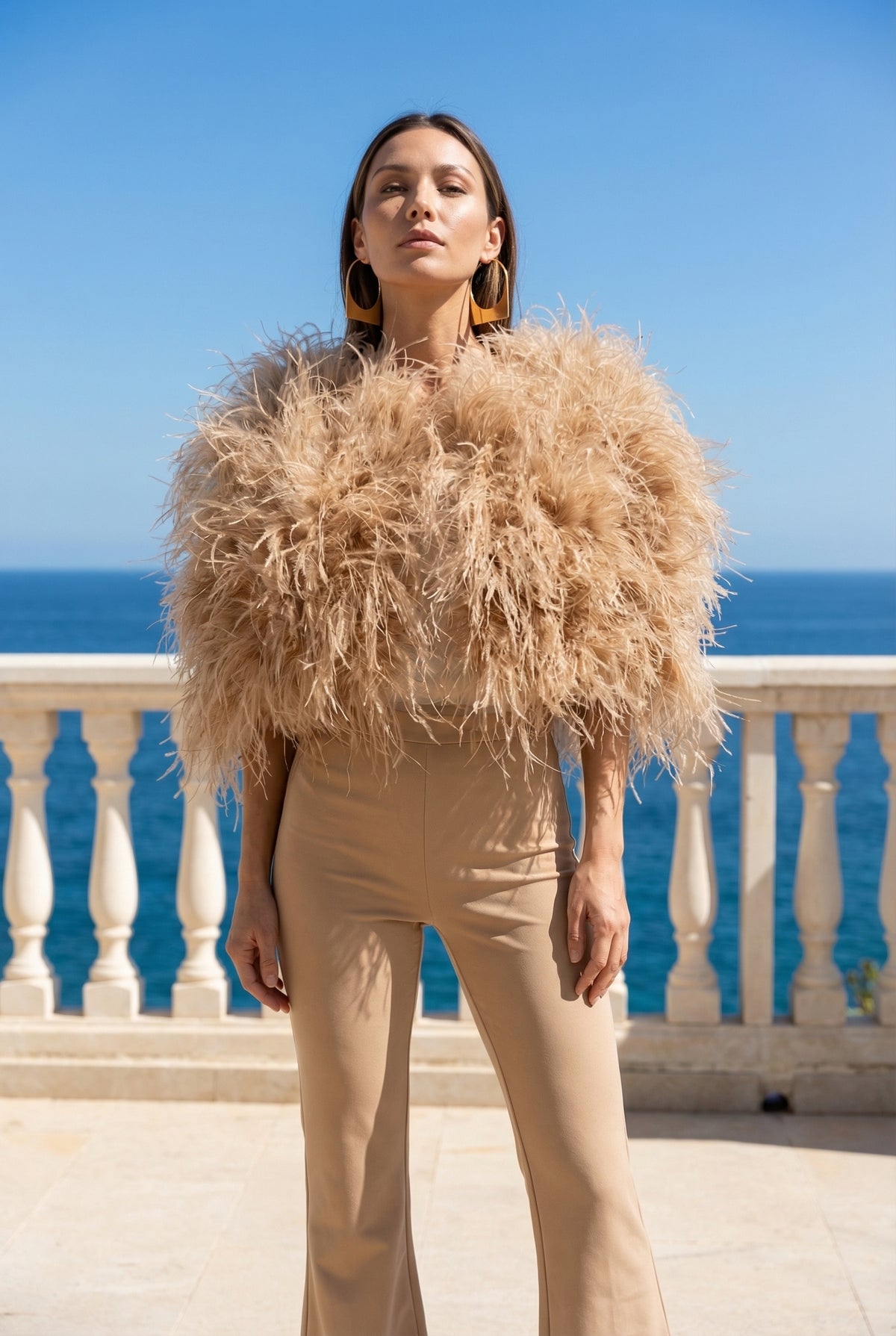 The Obsession Feather Cape in Tan