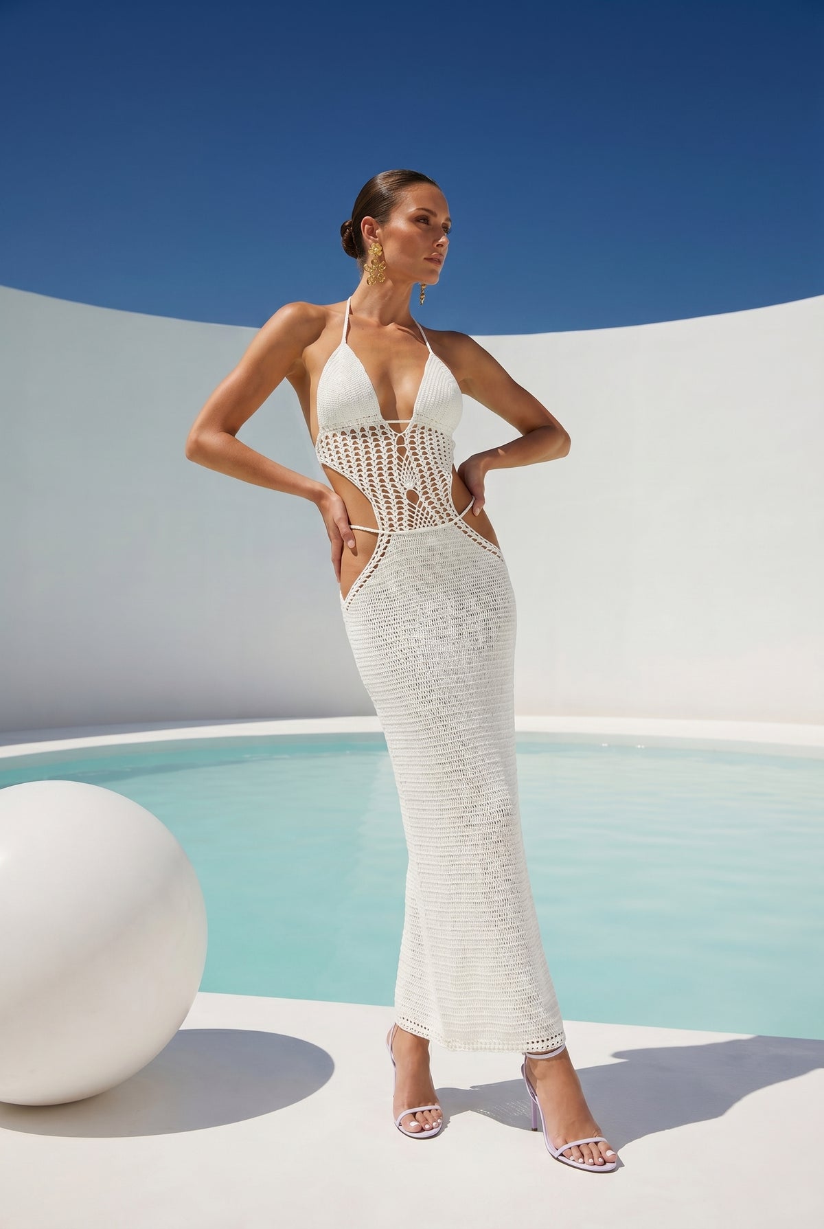 Wide Eyed Girl Long Crochet Coverup Maxi Dress in White