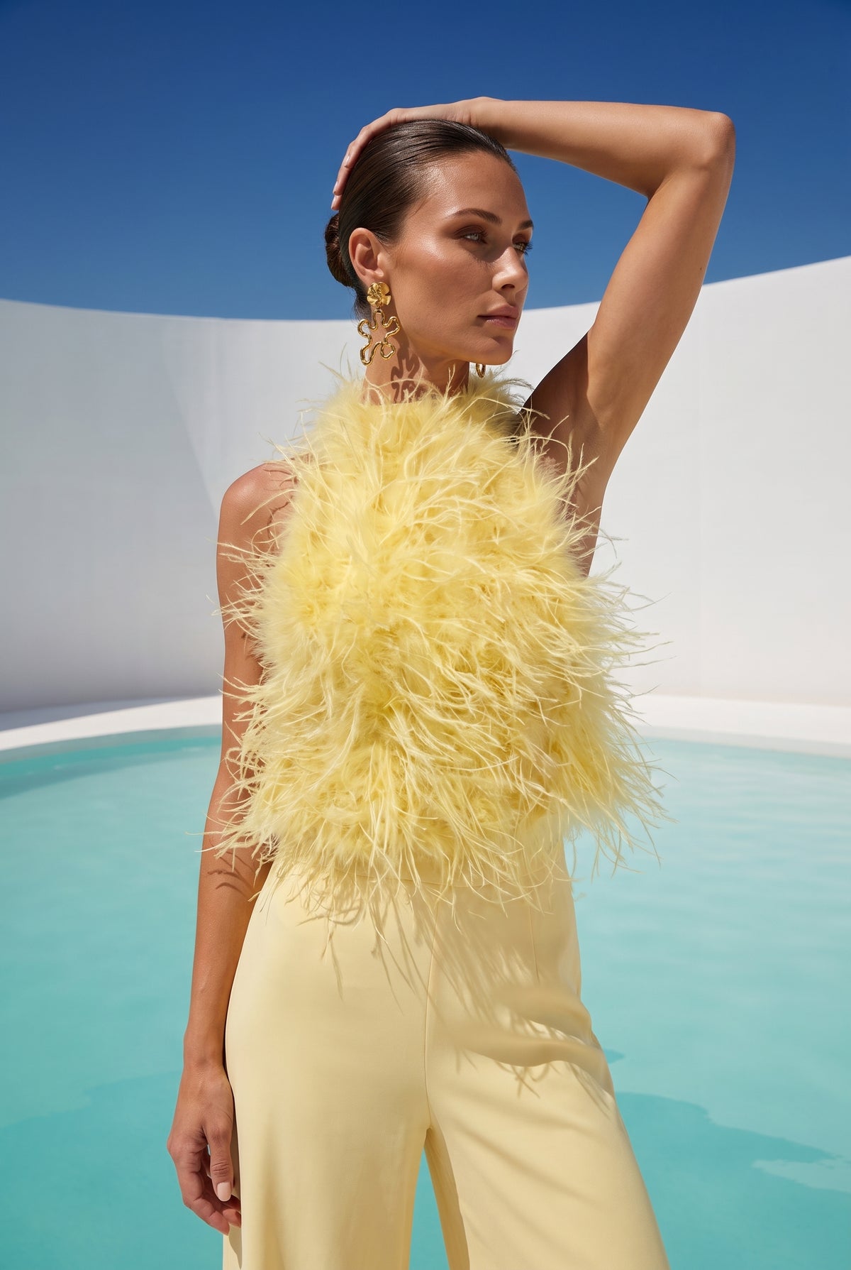 Big Dreams Ostrich Feather Halter Top in Yellow