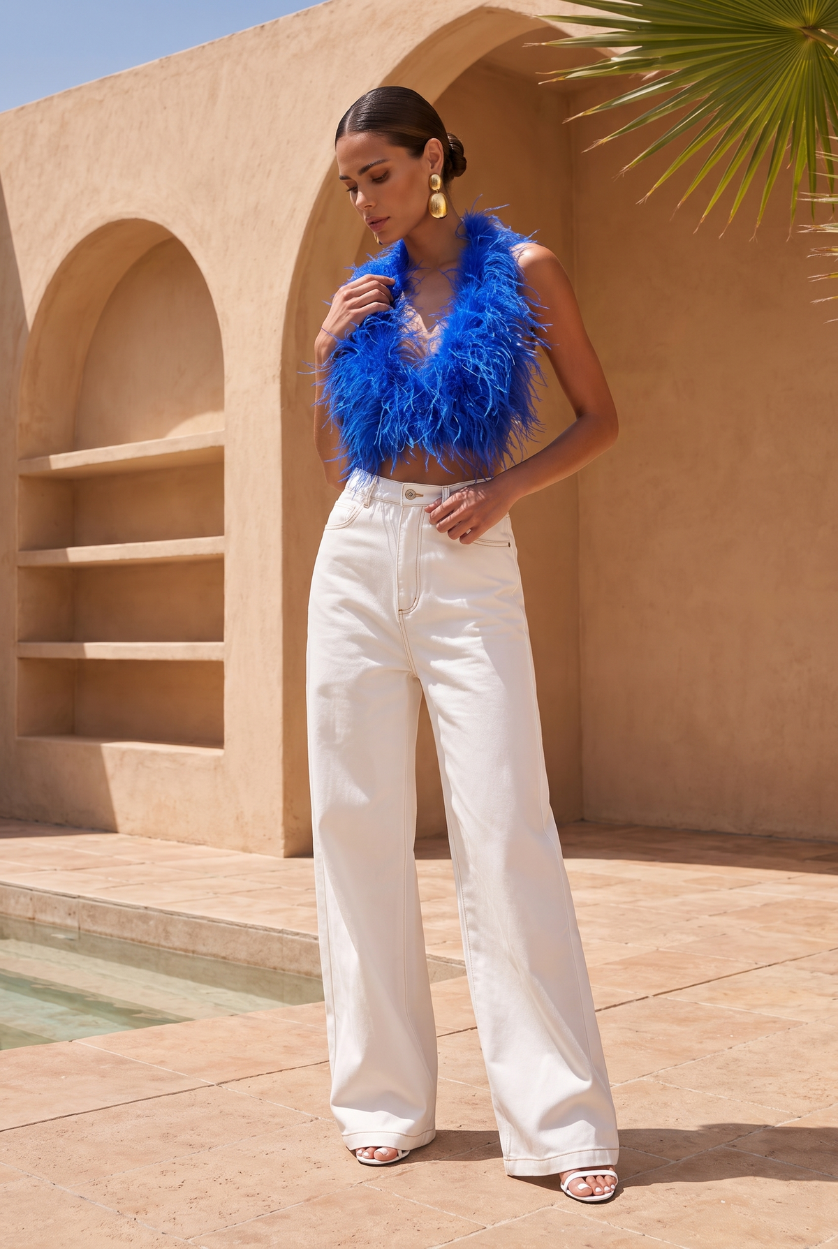 Attention is Yours Ostrich Feather Halter Top in Blue