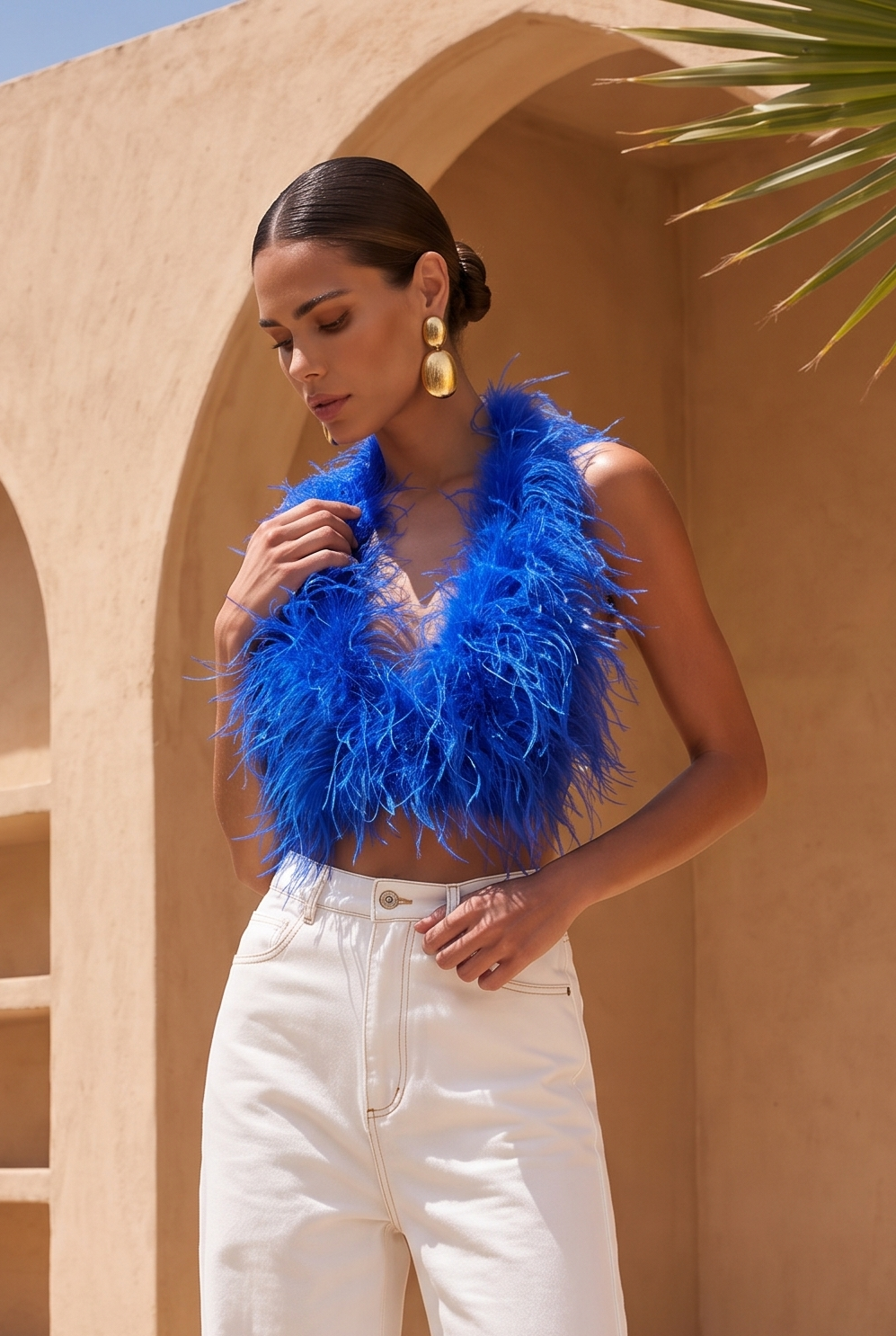 Attention is Yours Ostrich Feather Halter Top in Blue