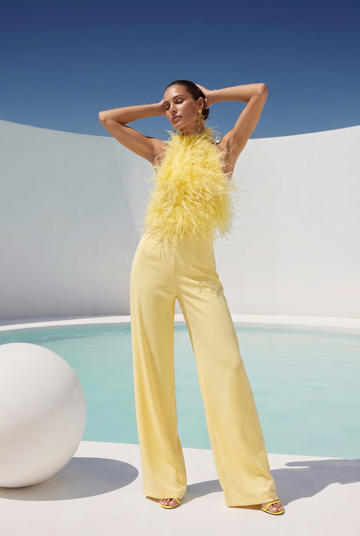 Big Dreams Ostrich Feather Halter Top in Yellow