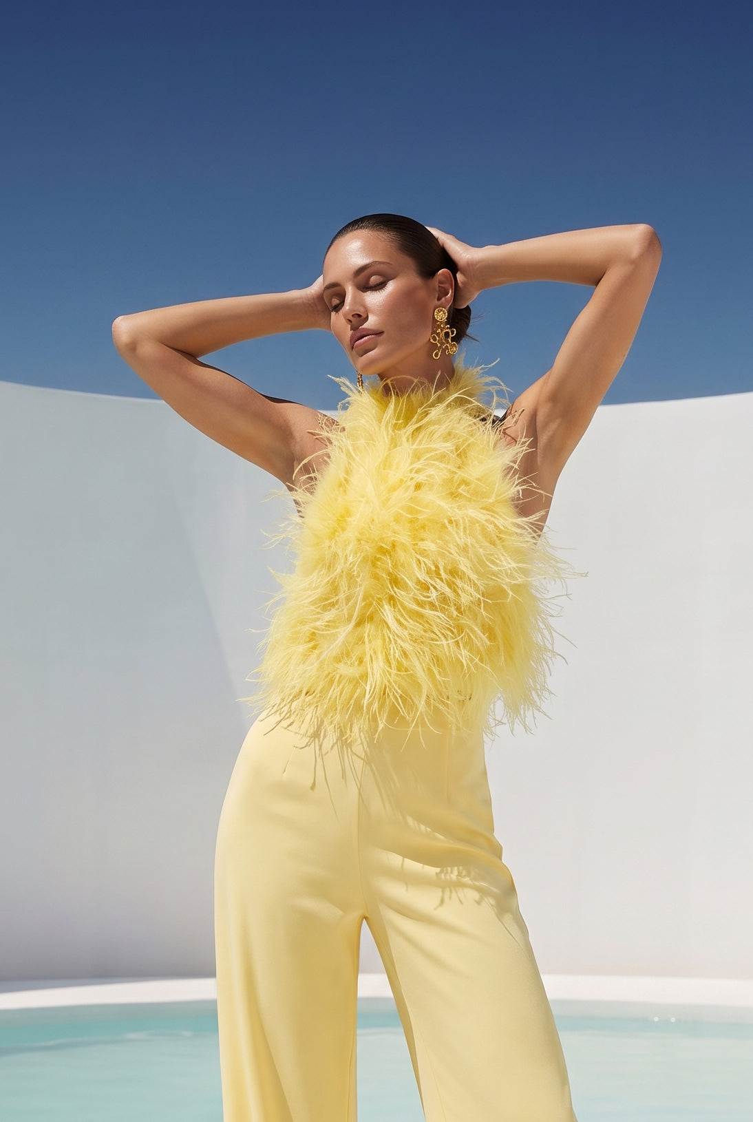 Big Dreams Ostrich Feather Halter Top in Yellow