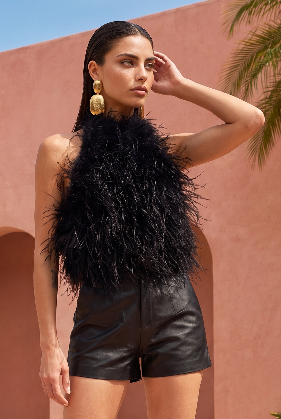 Big Dreams Ostrich Feather Halter Top in Black