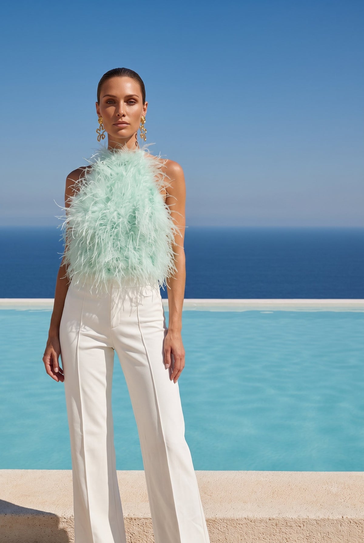 Big Dreams Ostrich Feather Halter Top in Seafoam Green