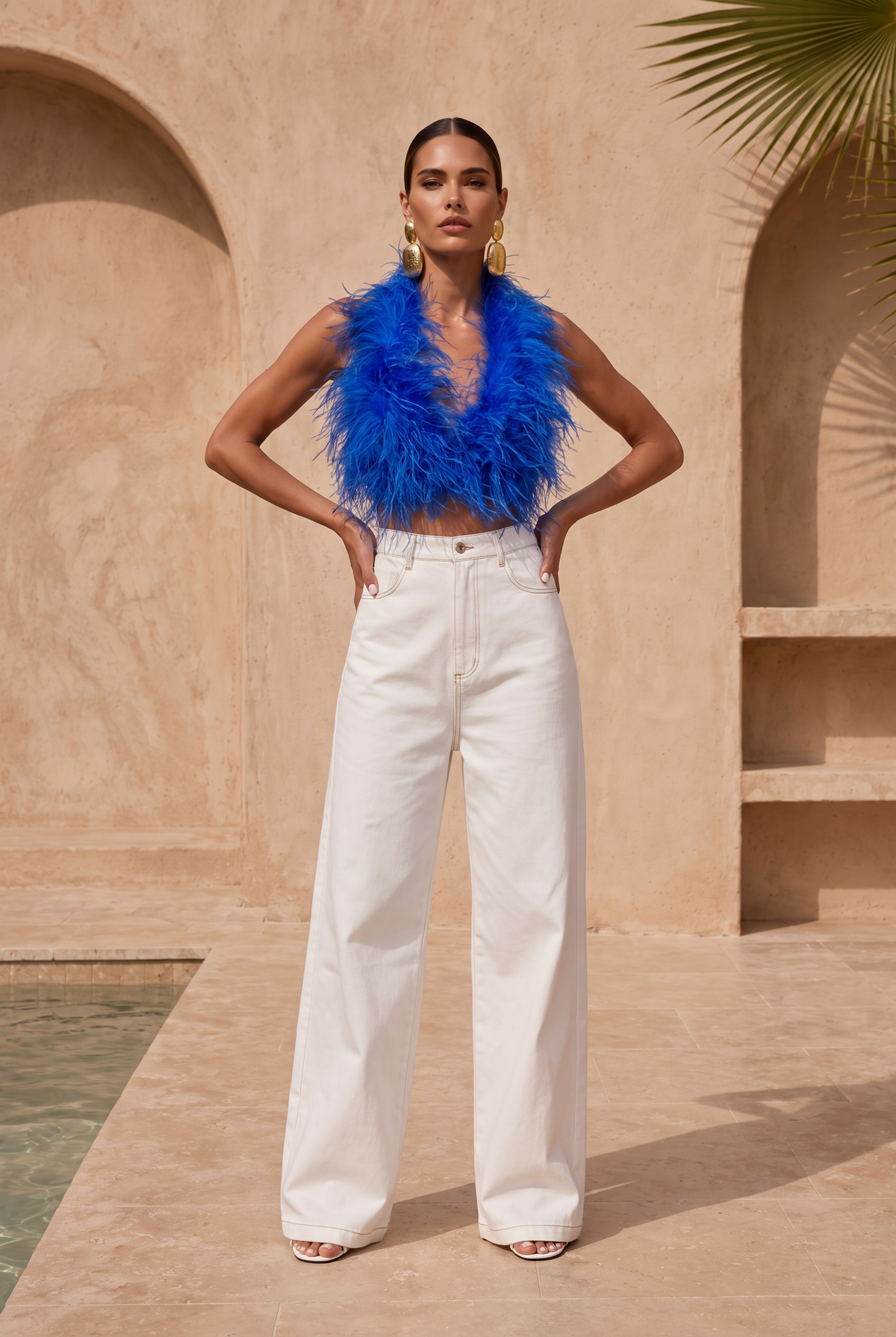Attention is Yours Ostrich Feather Halter Top in Blue