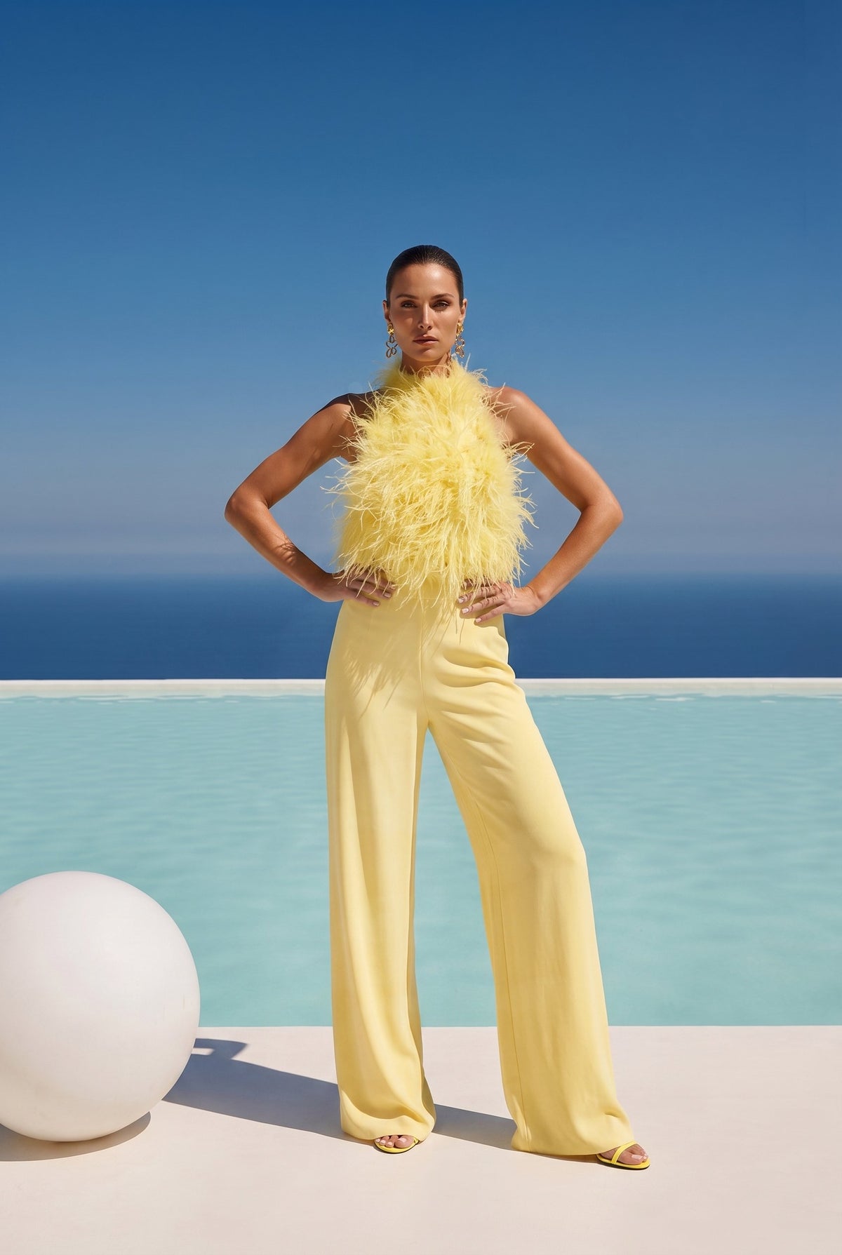Big Dreams Ostrich Feather Halter Top in Yellow