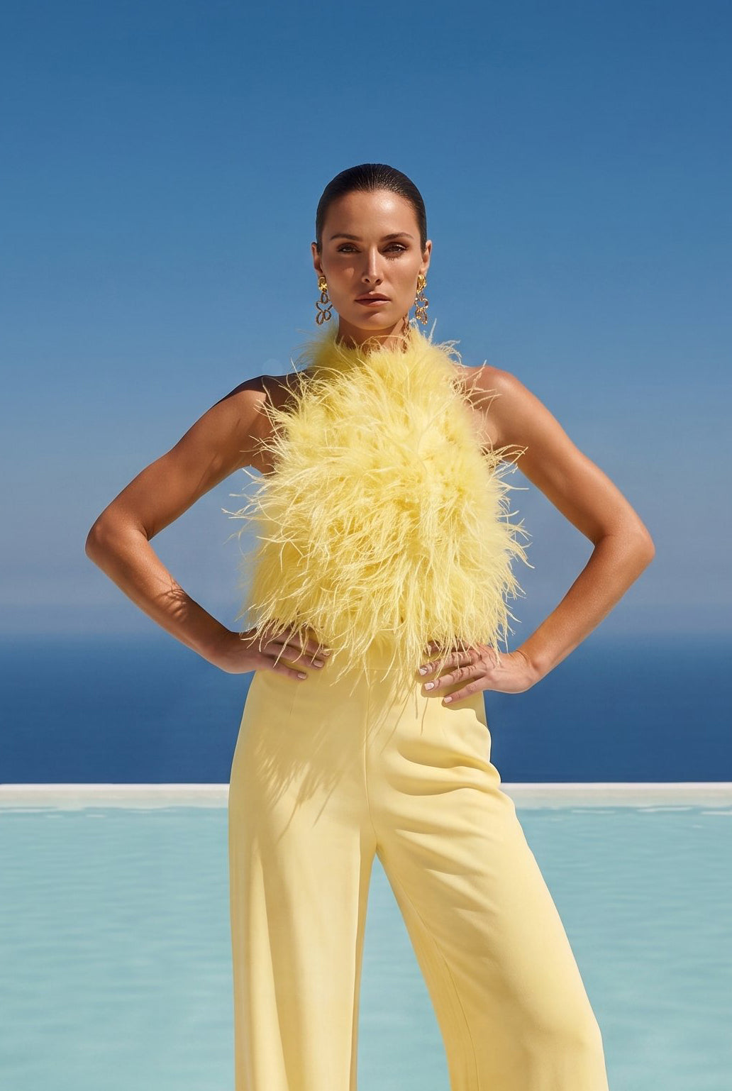 Big Dreams Ostrich Feather Halter Top in Yellow