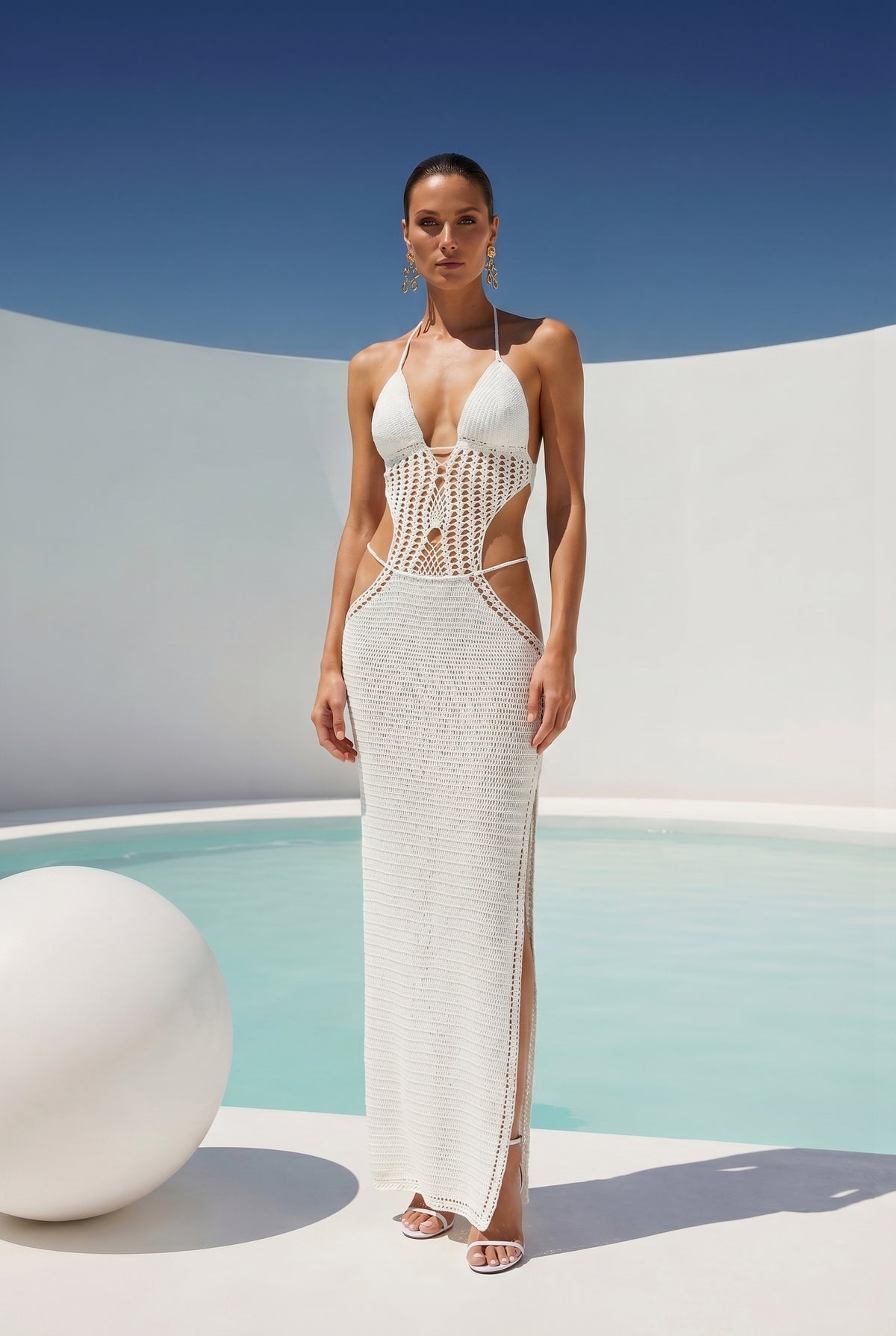 Wide Eyed Girl Long Crochet Coverup Maxi Dress in White