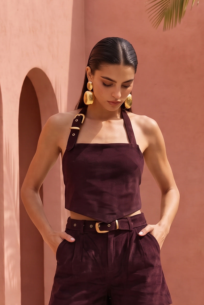 The Drift Suede Buckle Top in Wine