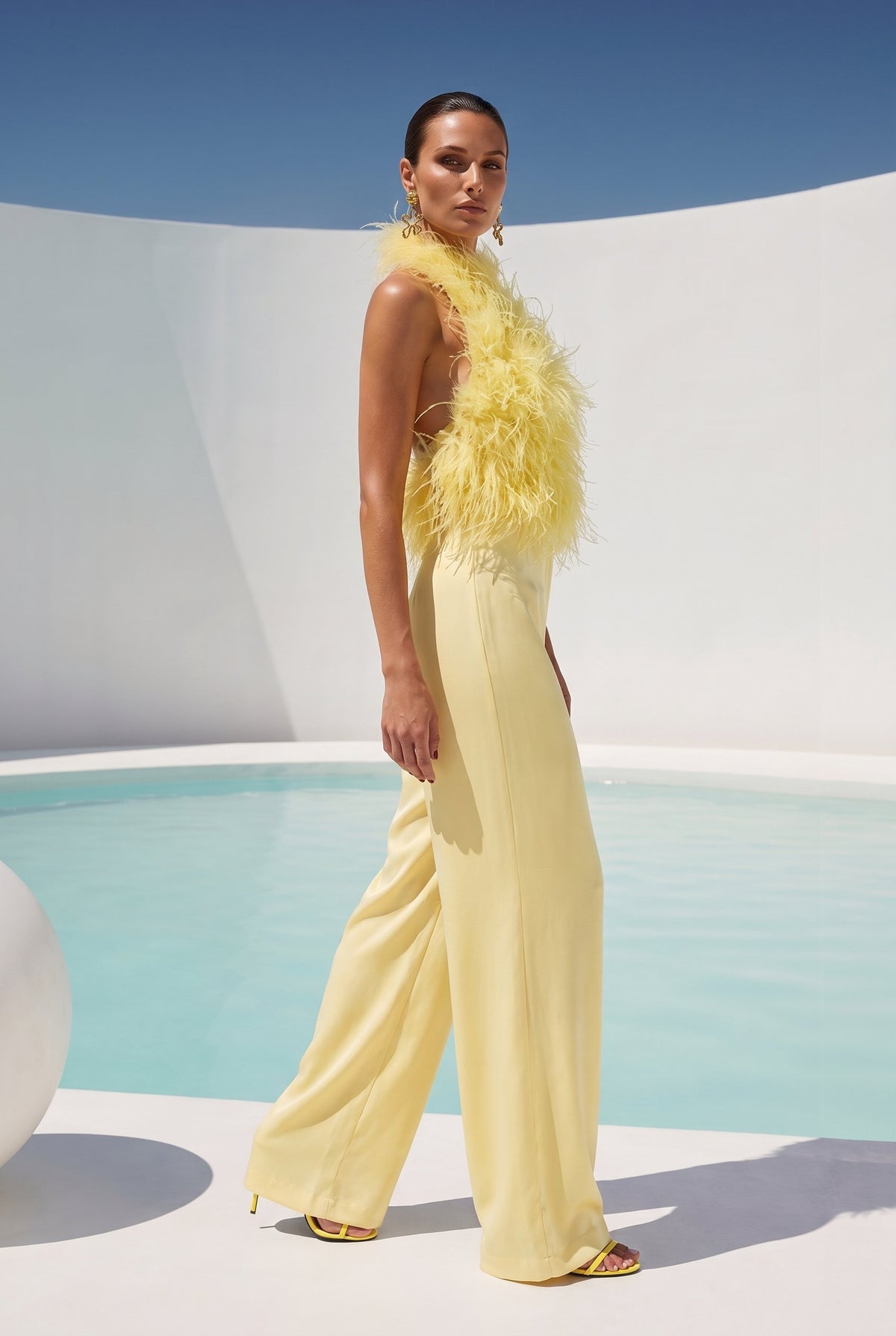 Big Dreams Ostrich Feather Halter Top in Yellow