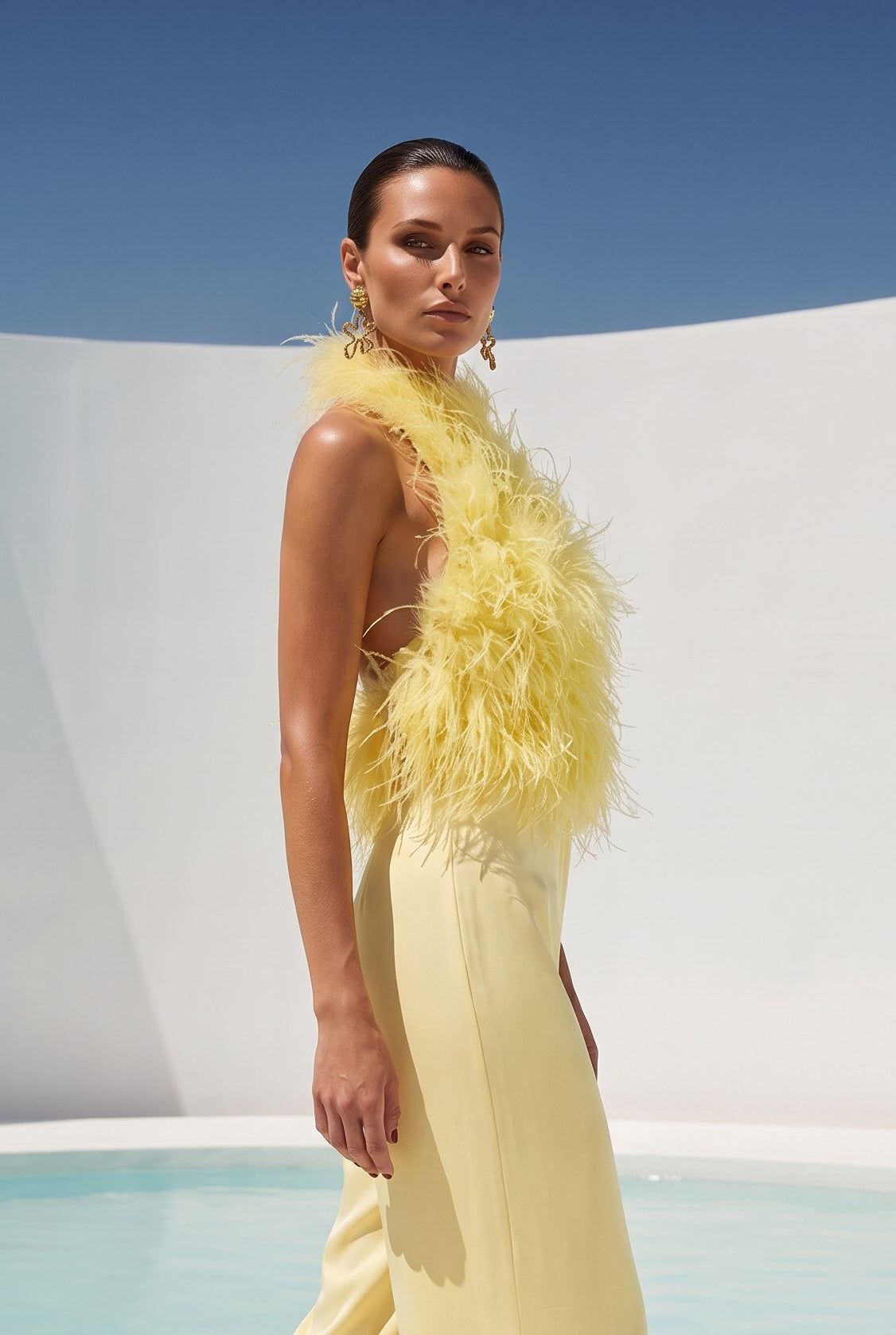 Big Dreams Ostrich Feather Halter Top in Yellow