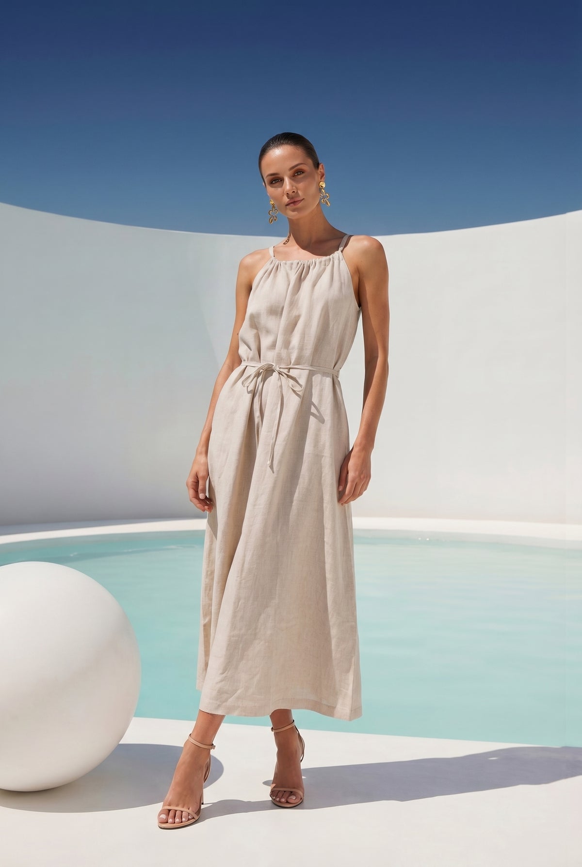 The Escape Linen Midi Dress in Beige