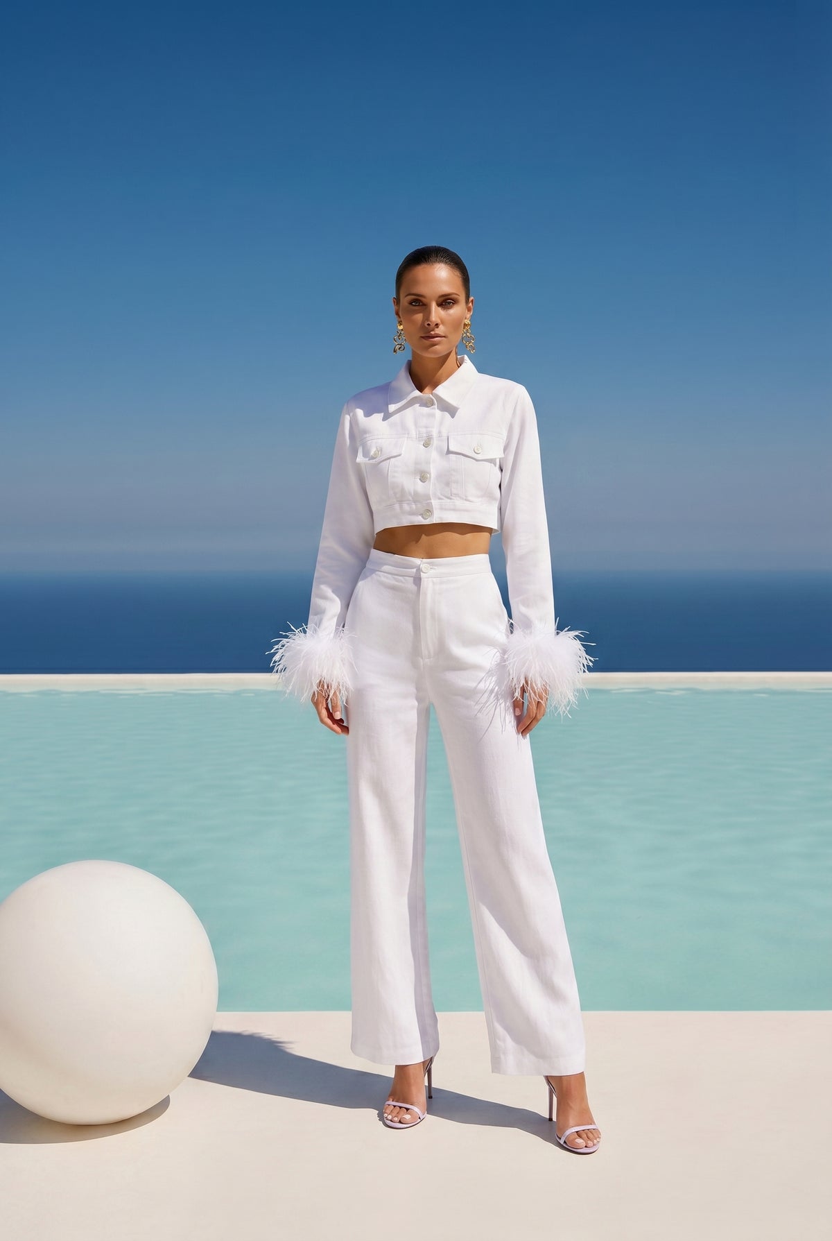 In the Drink Cropped Denim Feather Trim Jacket in White
