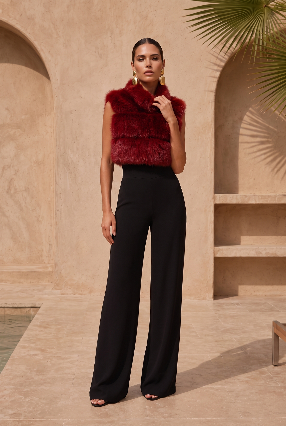 Nocturnal Nights Faux Fur Cropped Vest in Burgundy