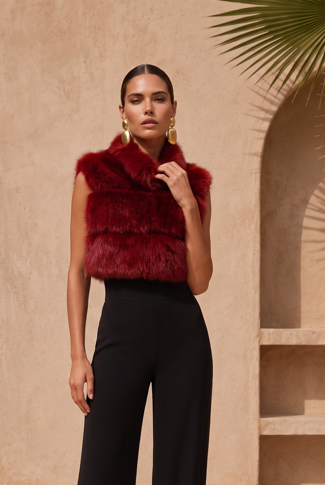 Nocturnal Nights Faux Fur Cropped Vest in Burgundy