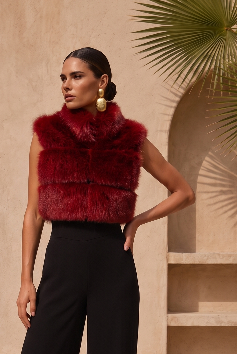 Nocturnal Nights Faux Fur Cropped Vest in Burgundy