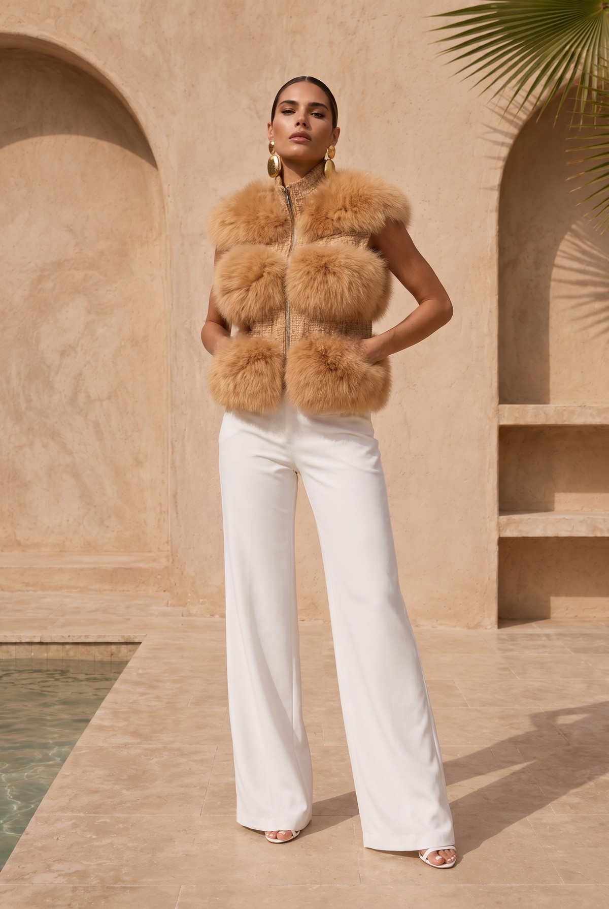 La Belle Tweed & Fur Vest in Tan