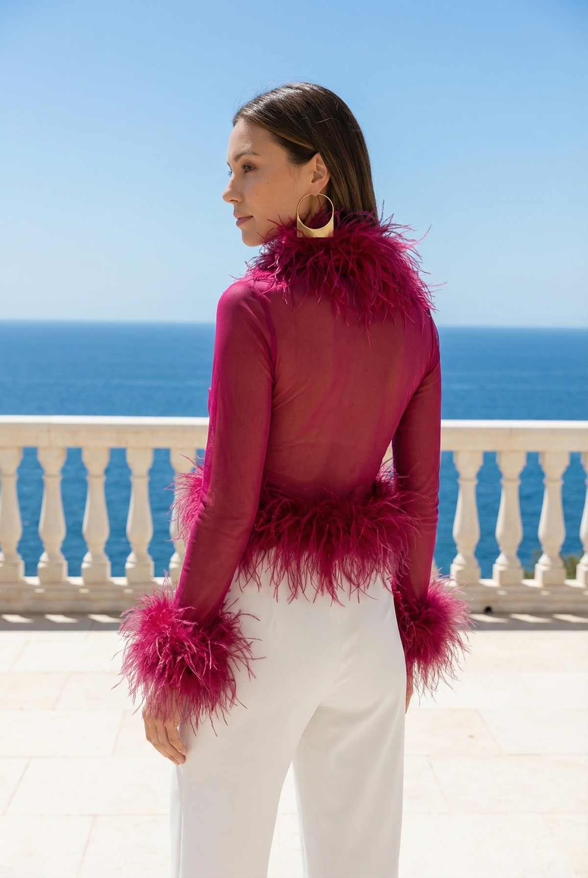 The Do-Over Sheer Ostrich Feather Jacket in Burgundy