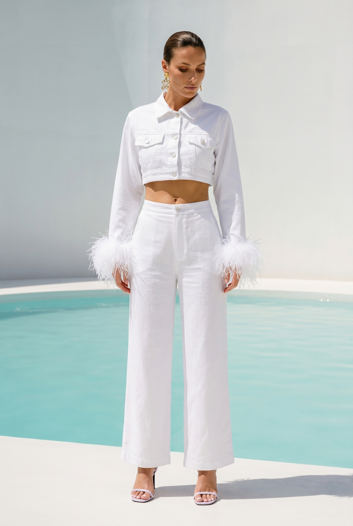 In the Drink Cropped Denim Feather Trim Jacket in White